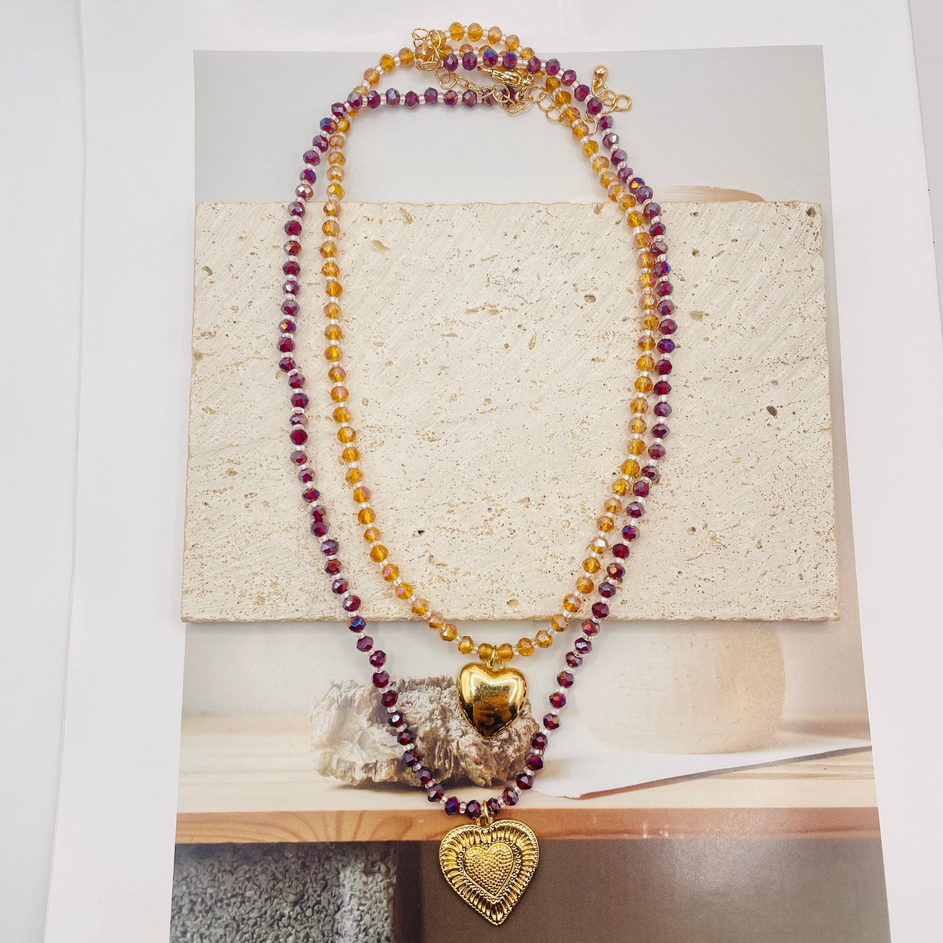 JI JOYA VENTA AL POR MAYOR,Precioso collar colgante de corazón bicolor de doble capa
