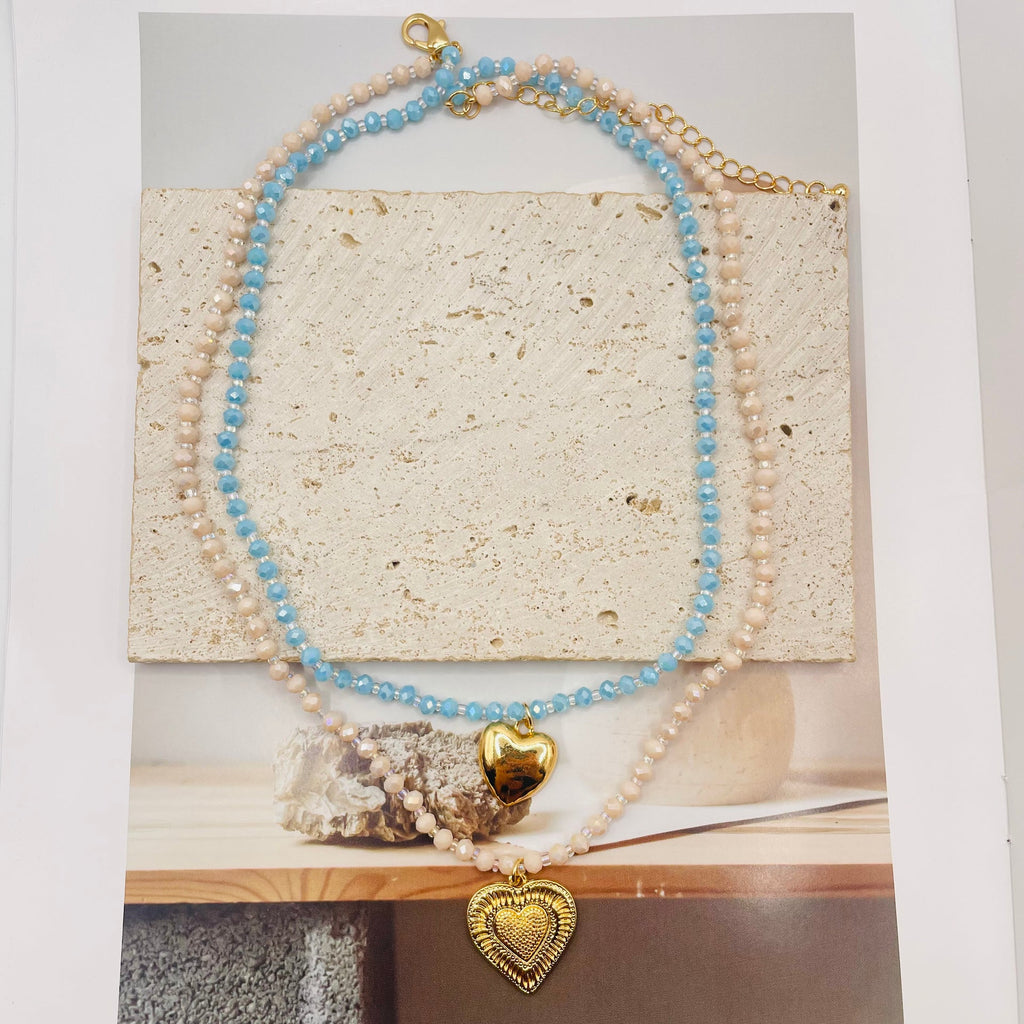 JI JOYA VENTA AL POR MAYOR,Precioso collar colgante de corazón bicolor de doble capa