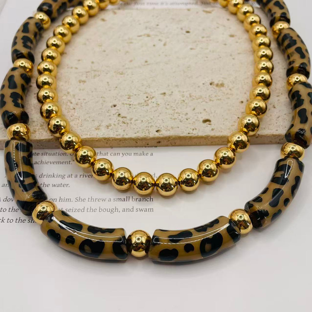 JI JOYA VENTA AL POR MAYOR,Collar de moda de doble capa con nudo de bambú y bola de metal con estampado de leopardo