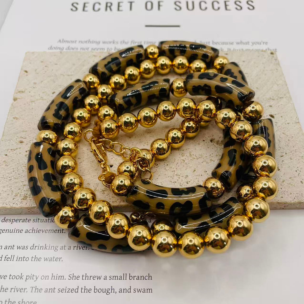 JI JOYA VENTA AL POR MAYOR,Collar de moda de doble capa con nudo de bambú y bola de metal con estampado de leopardo