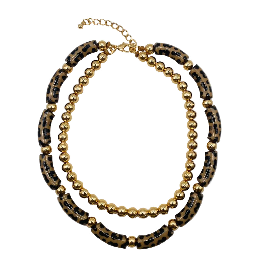 JI JOYA VENTA AL POR MAYOR,Collar de moda de doble capa con nudo de bambú y bola de metal con estampado de leopardo