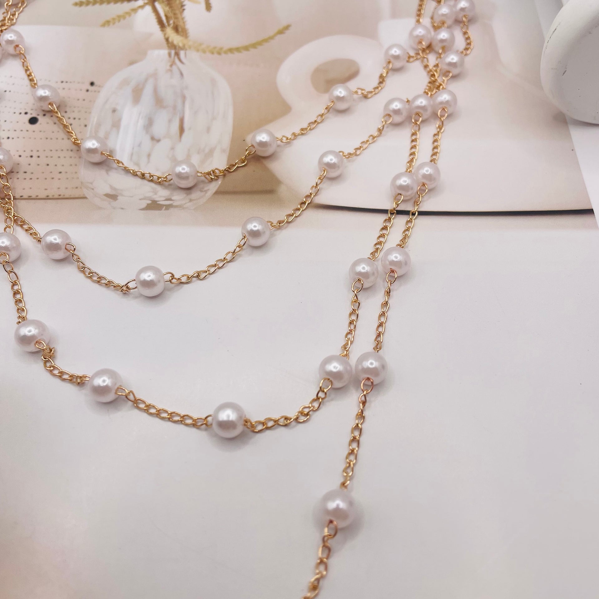 JI JOYA VENTA AL POR MAYOR,Collar sencillo de varias capas con pequeñas perlas