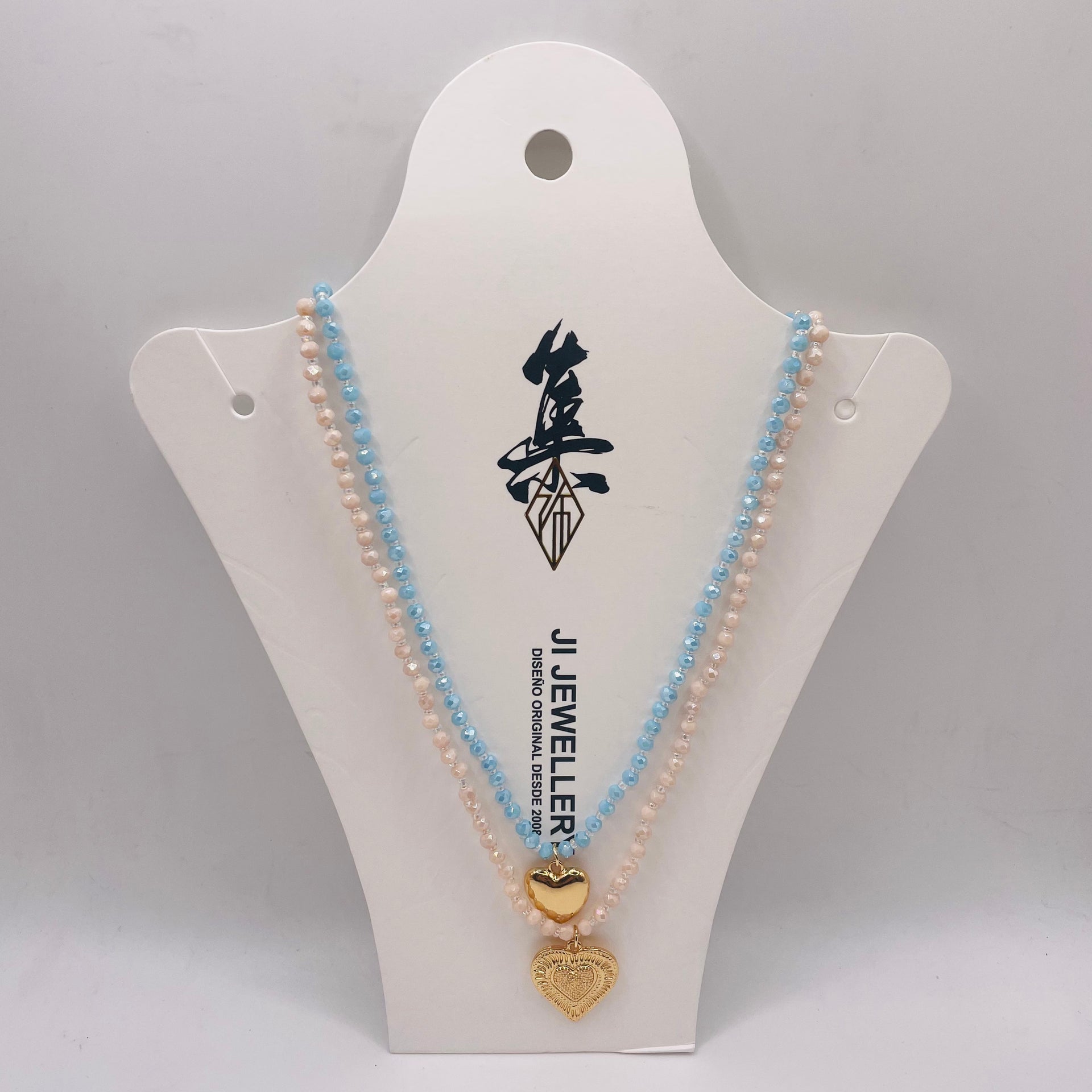 JI JOYA VENTA AL POR MAYOR,Precioso collar colgante de corazón bicolor de doble capa